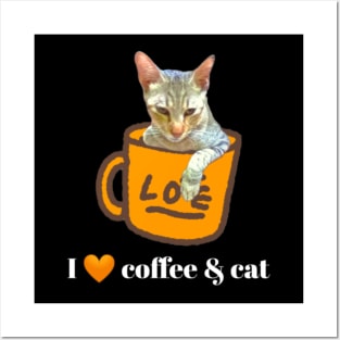 I Love Coffee And Cat In A Mug With Heart Posters and Art